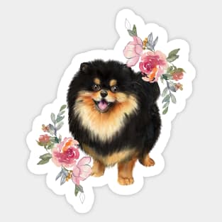 Cute Black Pomeranian Dog with Flowers Watercolor Art Sticker